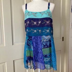 Embellished Tank Top w Flared Mixed Media Lace  SIZE L